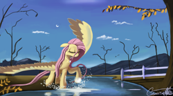 Size: 12960x7200 | Tagged: safe, artist:auroriia, fluttershy, pegasus, pony, absurd resolution, solo, spread wings, water