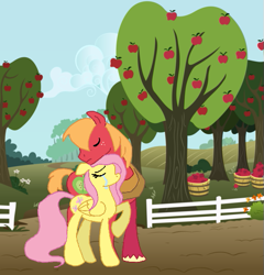 Size: 493x514 | Tagged: safe, artist:1231redflame, big macintosh, fluttershy, earth pony, pegasus, pony, apple, crying, fence, fluttermac, male, shipping, size difference, stallion, straight, tree