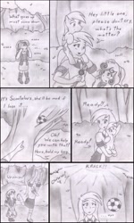 Size: 1911x3175 | Tagged: safe, artist:poseidonathenea, derpy hooves, sweetie belle, equestria girls, comic, crying, football, human ponidox, monochrome, ponidox world, traditional art