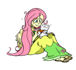 Size: 476x438 | Tagged: safe, artist:xenon, angel bunny, fluttershy, human, clothes, dress, humanized, pony coloring, sandals, winged humanization