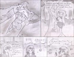 Size: 1959x1525 | Tagged: safe, artist:poseidonathenea, derpy hooves, sweetie belle, equestria girls, barefoot, feet, human ponidox, monochrome, pencil drawing, ponidox world, stuck, traditional art