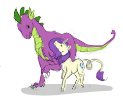 Size: 700x550 | Tagged: safe, artist:suzannepierzchala, rarity, spike, classical unicorn, dragon, pony, unicorn, cloven hooves, curved horn, female, leonine tail, male, older, older spike, quadrupedal spike, shipping, simple background, sketch, sparity, straight, traditional art, white background