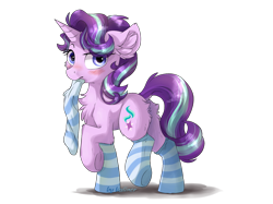 Size: 1707x1280 | Tagged: safe, artist:kaliner123, starlight glimmer, pony, unicorn, blushing, chest fluff, clothes, ear fluff, female, mare, messy mane, mouth hold, raised hoof, simple background, sock, socks, solo, striped socks, transparent background, underhoof