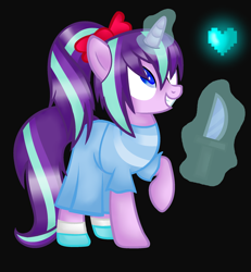 Size: 1900x2056 | Tagged: safe, artist:artzy-jamie7302, starlight glimmer, pony, alternate hairstyle, black background, bow, clothes, crossover, female, heart, knife, magic, mare, simple background, solo, telekinesis, undertale