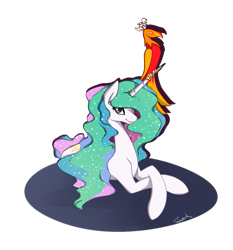 Size: 1021x1094 | Tagged: safe, artist:spaerk, philomena, princess celestia, alicorn, pony, female, looking at you, mare, mlpgdraws, prone, signature, smiling