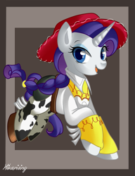 Size: 561x730 | Tagged: safe, artist:hikariviny, idw, rarity, pony, unicorn, cowgirl, cowprint, crossover, jessie (toy story), solo, toy story