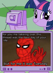 Size: 183x250 | Tagged: safe, derpibooru import, twilight sparkle, exploitable meme, meme, obligatory pony, spider-man, street fighter, television, tv meme, tv tropes, twiface