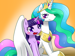 Size: 1000x750 | Tagged: safe, artist:hashioaryut, princess celestia, twilight sparkle, alicorn, pony, hug, pixiv, winghug