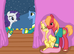 Size: 2338x1700 | Tagged: safe, artist:1231redflame, big macintosh, fluttershy, rarity, toe-tapper, earth pony, pegasus, pony, unicorn, filli vanilli, blushing, eyes closed, fluttermac, male, raised hoof, shipping, sitting, smiling, stallion, straight