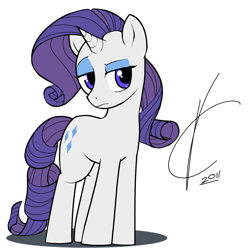 Size: 1198x1210 | Tagged: safe, artist:valcron, rarity, pony, unicorn, frown, looking at you, raised eyebrow, solo, standing