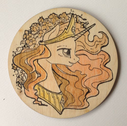 Size: 500x495 | Tagged: safe, artist:maytee, princess celestia, alicorn, pony, bust, craft, portrait, profile, pyrography, smiling, solo, traditional art, woodwork