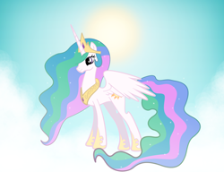 Size: 1712x1314 | Tagged: safe, princess celestia, alicorn, pony, crown, female, horn, mare, multicolored mane, multicolored tail, solo, white coat, white wings, wings