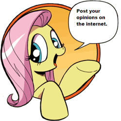 Size: 429x431 | Tagged: safe, idw, fluttershy, pegasus, pony, bad advice fluttershy, blue eyes, dialogue, exploitable meme, female, mare, meme, open mouth, pink mane, raised hoof, raised leg, simple background, smiling, solo, speech bubble, talking to viewer, text, underhoof, yellow coat
