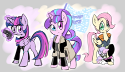 Size: 1324x768 | Tagged: safe, artist:thegreatrouge, fluttershy, starlight glimmer, sweetie belle, twilight sparkle, twilight sparkle (alicorn), alicorn, pegasus, pony, robot, unicorn, alice (detroit: become human), alternate hairstyle, android, ax400, butt, clothes, connor, cosplay, costume, crossover, detroit: become human, equal cutie mark, equal sign, equality, female, flag, glowing horn, gun, heterochromia, hug, jacket, kara, looking at you, looking back, looking back at you, markus, plot, quartet, trenchcoat, trio, weapon