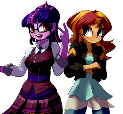 Size: 4661x4320 | Tagged: safe, artist:bloodatius, sci-twi, sunset shimmer, twilight sparkle, equestria girls, absurd resolution, clothes, crossed arms, glasses, jacket, pants, ponytail, simple background, smiling, vest