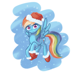 Size: 800x800 | Tagged: safe, artist:1nakir1, derpibooru import, rainbow dash, pegasus, pony, christmas, clothes, cute, dashabetes, flying, hat, looking at you, santa hat, smiling, snow, snowfall, solo, spread wings