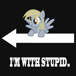 Size: 550x550 | Tagged: artist needed, safe, derpy hooves, pegasus, pony, arrow, female, i'm with stupid, juxtaposition bait, mare, meme, scrunchy face, solo