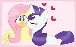 Size: 1675x1038 | Tagged: safe, artist:luckyshy, fluttershy, rarity, pegasus, pony, unicorn, female, flarity, kissing, lesbian, shipping