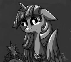 Size: 900x786 | Tagged: safe, artist:random-gal, derpibooru import, twilight sparkle, twilight sparkle (alicorn), alicorn, pony, big crown thingy, bust, female, mare, monochrome, portrait, sad, solo