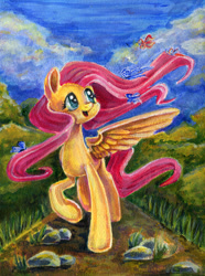 Size: 550x738 | Tagged: safe, artist:maytee, fluttershy, butterfly, pegasus, pony, solo, traditional art