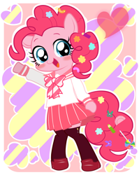 Size: 1340x1680 | Tagged: safe, artist:momo, pinkie pie, earth pony, pony, semi-anthro, askharajukupinkiepie, bipedal, blushing, candy, clothes, cute, diapinkes, food, heart, looking at you, open mouth, pixiv, school uniform, schoolgirl, skirt, smiling, solo, sweets