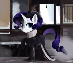 Size: 2900x2500 | Tagged: safe, artist:warfost, rarity, pony, unicorn, clothes, coat, dark, hat, raised hoof, snow, solo, train