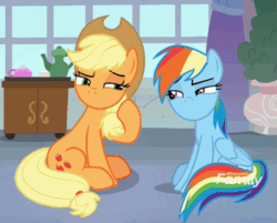 Size: 561x451 | Tagged: safe, derpibooru import, edit, edited screencap, screencap, applejack, rainbow dash, earth pony, pegasus, pony, non-compete clause, animated, cowboy hat, cropped, duo, faic, female, gif, happy, hat, i have no mouth and i must scream, laughing, laughingmares.jpg, loop, mare, no mouth, wat