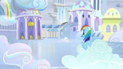 Size: 1280x720 | Tagged: safe, derpibooru import, screencap, rainbow dash, pegasus, pony, tanks for the memories, building, cloud, cloudsdale, female, mare, rainbow waterfall, solo, weather factory