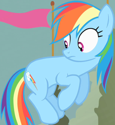 Size: 614x665 | Tagged: safe, derpibooru import, screencap, rainbow dash, pegasus, pony, the return of harmony, concerned, floating, looking back, solo, wingless