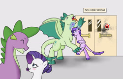 Size: 2550x1650 | Tagged: safe, artist:bico-kun, rarity, spike, oc, oc:crystal clarity, oc:turquoise blitz, dracony, dragon, hybrid, pony, unicorn, adult spike, blushing, broken glass, damaged, door, female, fight, fire, glowing eyes, hospital, interspecies offspring, kilalaverse, like father like son, magic, male, offspring, older, older spike, parent:rarity, parent:spike, parents:sparity, pregnant, shipping, sign, sparity, story included, straight, sweatdrop, tongue out, uppercut, waiting room