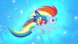 Size: 1280x720 | Tagged: safe, derpibooru import, screencap, rainbow dash, pegasus, pony, twilight's kingdom, flying, rainbow power, rainbow power-ified, solo