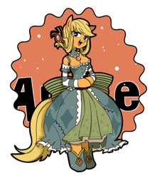 Size: 686x751 | Tagged: safe, artist:umeguru, applejack, anthro, earth pony, unguligrade anthro, arm hooves, clothes, dress, female, pixiv, solo, swapped cutie marks, what my cutie mark is telling me