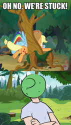 Size: 500x879 | Tagged: safe, artist:shoutingisfun, derpibooru import, edit, edited screencap, screencap, applejack, rainbow dash, oc, oc:anon, earth pony, human, pegasus, pony, non-compete clause, buttstuck, caption, cloud, female, forest, i've seen enough hentai to know where this is going, male, mountain, plot, stuck, tree