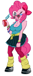 Size: 2160x5000 | Tagged: safe, artist:template93, pinkie pie, anthro, 80s, bow, cleavage, clothes, cup, fashion, female, fishnet stockings, glasses, skirt, socks, solo, sunglasses, swirly straw, tanktop