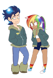 Size: 1353x1994 | Tagged: safe, artist:drawbauchery, derpibooru import, rainbow dash, soarin', human, clothes, converse, female, humanized, male, shipping, shoes, simple background, smiling, soarindash, straight