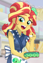 Size: 780x1150 | Tagged: safe, artist:ta-na, sunset shimmer, eqg summertime shorts, equestria girls, good vibes, alternate hairstyle, apron, barrette, blushing, clothes, cute, eyeshadow, female, food, hairclip, hairpin, happi, looking at you, makeup, open mouth, shimmerbetes, smiling, smirk, solo, sunset sushi, sushi, toy interpretation, uniform