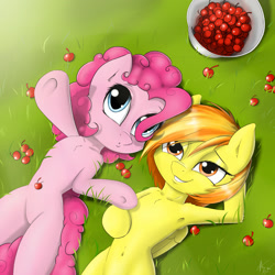 Size: 2400x2400 | Tagged: safe, artist:captainpudgemuffin, pinkie pie, spitfire, earth pony, pony, semi-anthro, armpits, belly button, cherry, chest fluff, ear fluff, food, friendshipping, grass, on back