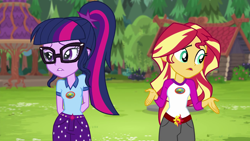 Size: 1280x720 | Tagged: safe, screencap, sci-twi, sunset shimmer, twilight sparkle, equestria girls, legend of everfree, camp everfree outfits, clothes, gazebo, hands behind back, lip bite, open mouth, shorts