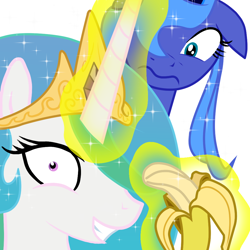 Size: 1000x1000 | Tagged: safe, artist:phoenixperegrine, princess celestia, princess luna, alicorn, pony, banana, do you like bananas?, floppy ears, grin, magic, s1 luna, telekinesis