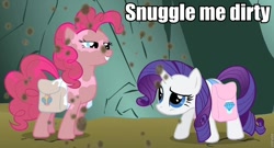 Size: 960x520 | Tagged: safe, edit, edited screencap, screencap, pinkie pie, rarity, earth pony, pony, unicorn, dragonshy, bedroom eyes, dirty, duo, image macro, imma snuggle you, meme, saddle bag