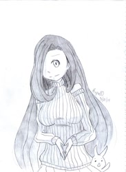 Size: 703x960 | Tagged: safe, artist:hopelld, fluttershy, human, rabbit, humanized, monochrome, solo