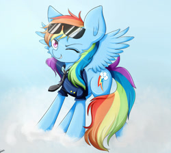 Size: 1300x1165 | Tagged: safe, artist:riouku, derpibooru import, rainbow dash, pegasus, pony, clothes, cloud, cute, female, light, mare, messy mane, necktie, solo, sunglasses, uniform, wink