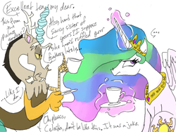 Size: 800x600 | Tagged: safe, artist:moon petals, discord, princess celestia, alicorn, draconequus, pony, female, horn, male, mare, tea