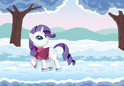 Size: 1010x697 | Tagged: safe, artist:dannylim86, rarity, pony, unicorn, clothes, snow, solo, winter