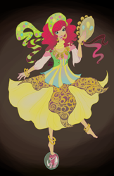 Size: 1970x3045 | Tagged: safe, artist:littlemissvi, pinkie pie, human, friendship is witchcraft, anklet, balancing, barefoot, clothes, dress, feet, grin, gypsy bard, gypsy pie, humanized, looking at you, musical instrument, romani, smiling, solo