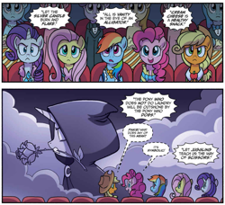 Size: 1029x938 | Tagged: safe, artist:tonyfleecs, derpibooru import, idw, applejack, fluttershy, pinkie pie, rainbow dash, rarity, earth pony, pegasus, pony, unicorn, spoiler:comic, spoiler:comic66, clothes, comic, cropped, dress, female, flower, flower in mouth, gala dress, mare, meme origin, mouth hold, movie, official comic, speech bubble, whispering