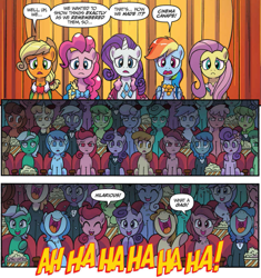 Size: 893x949 | Tagged: safe, artist:tonyfleecs, derpibooru import, idw, applejack, fluttershy, pinkie pie, rainbow dash, rarity, earth pony, pegasus, pony, unicorn, spoiler:comic, spoiler:comic66, background pony audience, clothes, comic, cropped, dialogue, dress, female, gala dress, laughing, mare, official comic, smiling, speech bubble