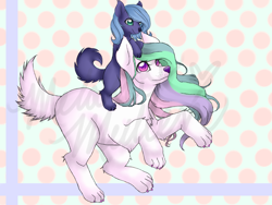 Size: 1600x1200 | Tagged: safe, artist:marshmel-chan, princess celestia, princess luna, dog, cute, dogified, female, fluffy, frown, looking at you, moonmutt, obtrusive watermark, puppy, rearing, riding, s1 luna, siblings, sisters, size difference, smiling, species swap, sunmutt, watermark, woona, younger