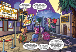 Size: 942x646 | Tagged: safe, artist:tonyfleecs, derpibooru import, idw, a.k. yearling, applejack, coloratura, fluttershy, pinkie pie, rainbow dash, rarity, earth pony, pegasus, pony, unicorn, spoiler:comic, spoiler:comic66, applewood, clothes, comic, cropped, dialogue, dress, female, flying, gala dress, mare, official comic, plot, speech bubble