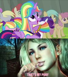 Size: 1024x1152 | Tagged: safe, screencap, derpy hooves, dizzy twister, merry may, orange swirl, pinkie pie, rarity, sunshower raindrops, twilight sparkle, twilight sparkle (alicorn), alicorn, pony, unicorn, cheerleader, clothes, female, image macro, juliet starling, lollipop chainsaw, looking up, mare, meme, open mouth, pom pom, skirt, smiling, tara strong, that's my pony, that's my x, voice actor joke